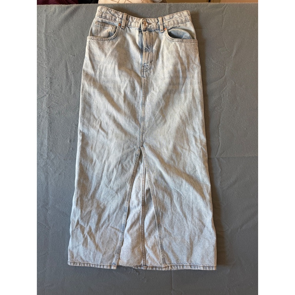 MNG Mango Light Wash Denim Maxi Skirt Women Size M Front Slit 100% Cotton
